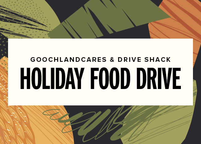 GoochlandCares and Drive Shack Holiday Food Drive promotional banner with bold black text on white background, set against abstract green and orange brush stroke patterns