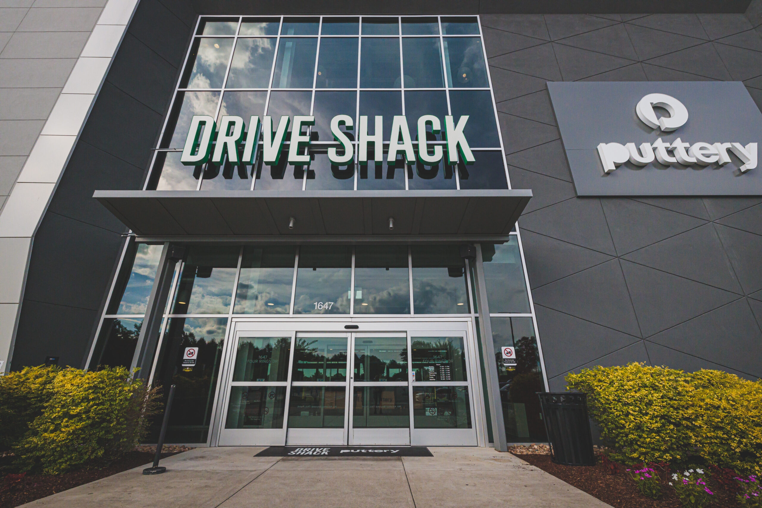 Architectural detail of Drive Shack Richmond's outdoor entertainment complex.